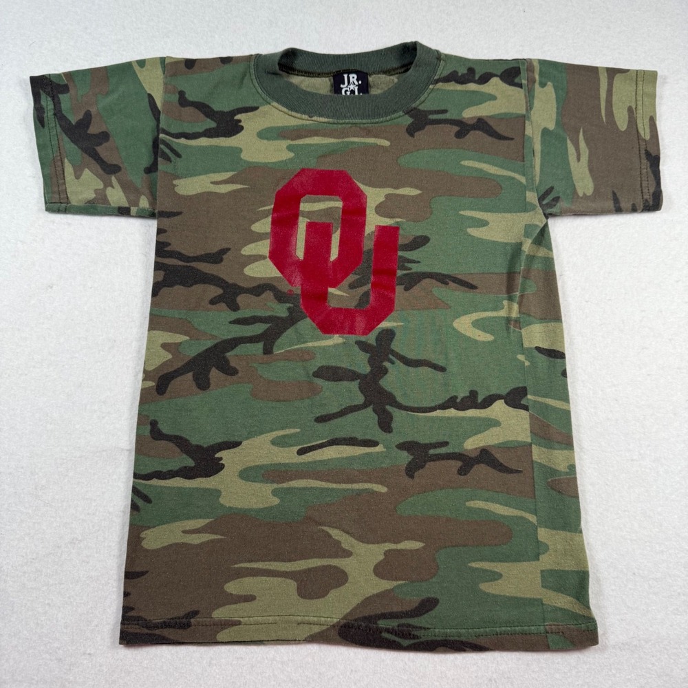 Vtg Oklahoma Sooners OU Camo T-Shirt Kids Medium Green Red Woodland Logo JR G.I